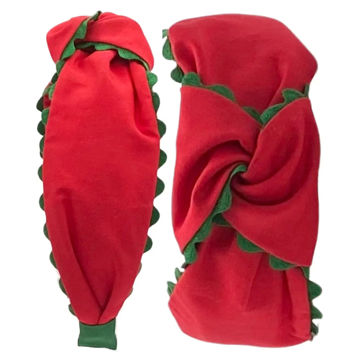Green Scallop on Red Knotted Christmas Headband