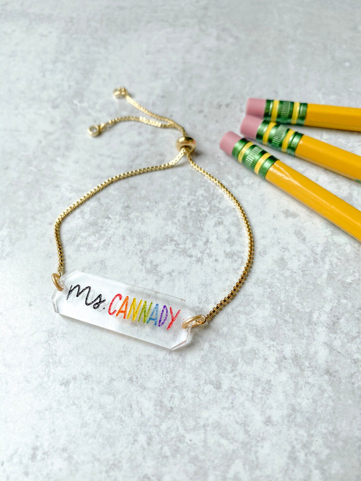 Teacher Name Acrylic Bar Chain Bracelet - Rainbow Lettering