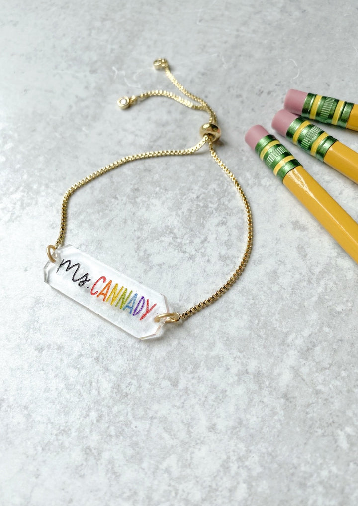 Teacher Name Acrylic Bar Chain Bracelet - Rainbow Lettering