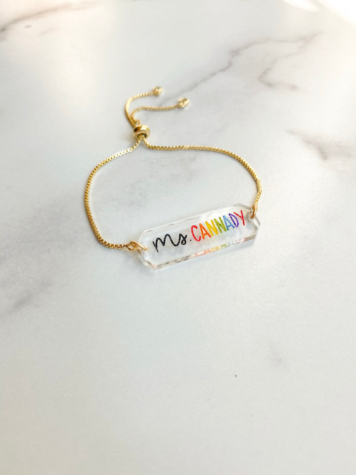 Teacher Name Acrylic Bar Chain Bracelet - Rainbow Lettering