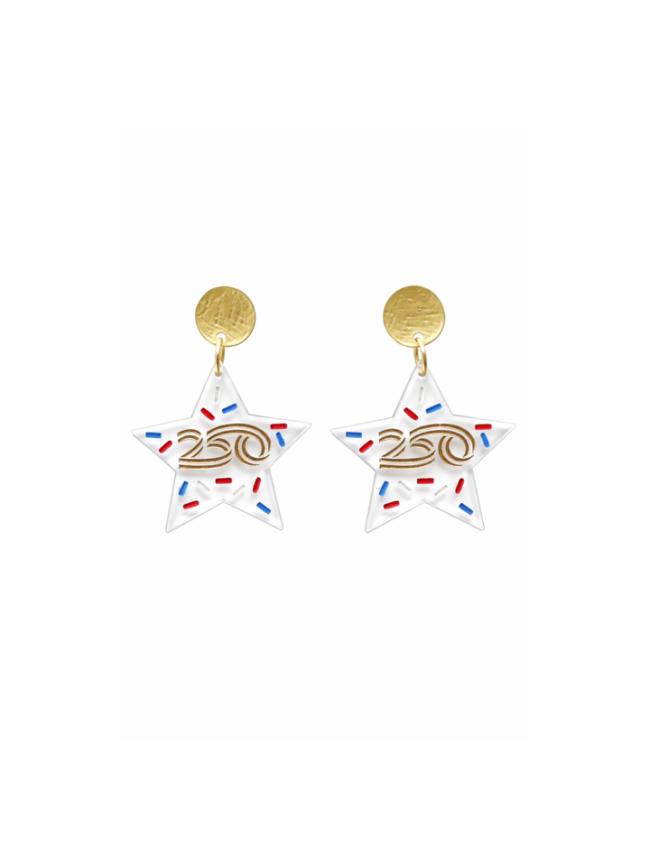 Star-shaped earrings with '250' design on a white background