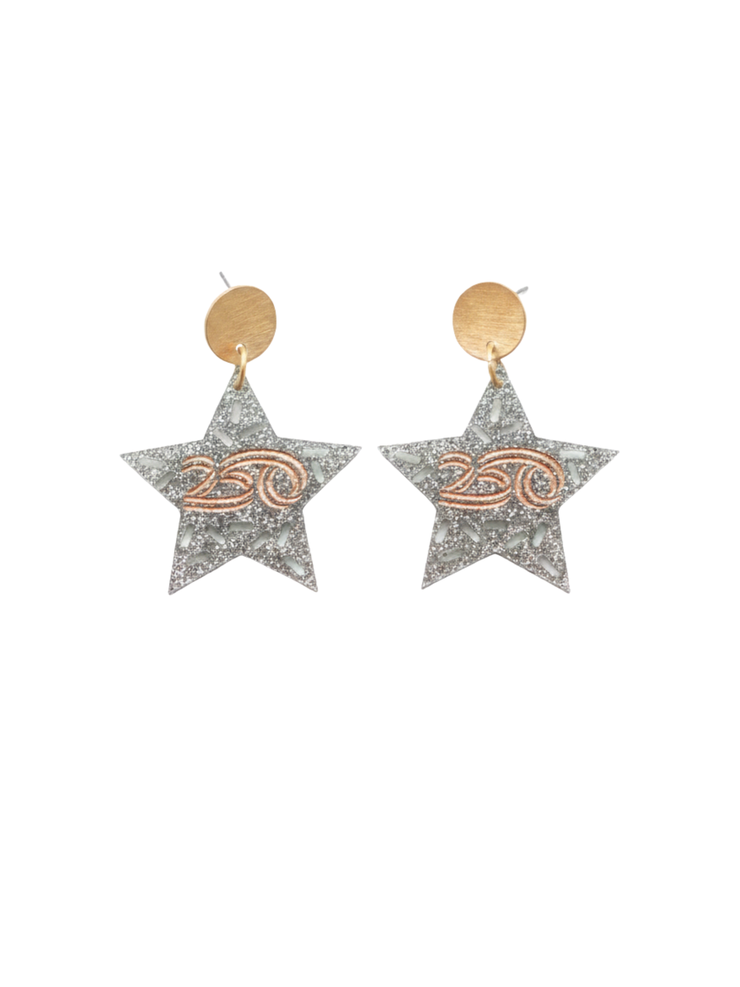 Star-shaped earrings with glittery finish and gold America250 logo  on a white background