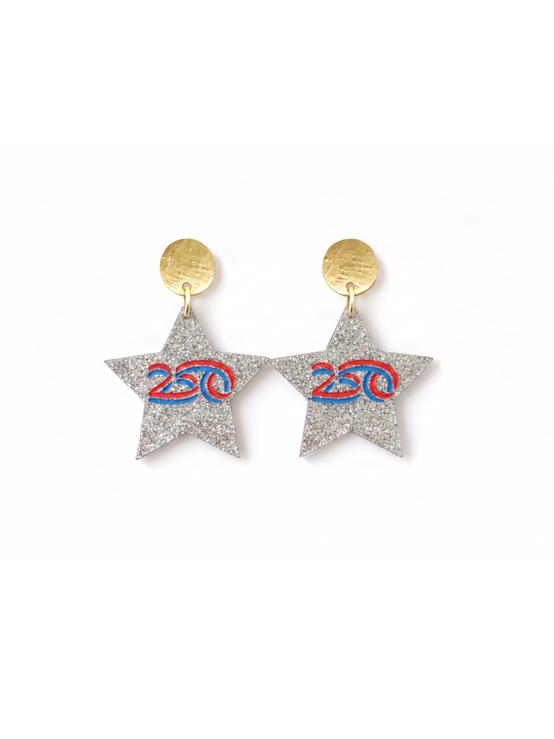 Star-shaped earrings with glittery finish and '250' design on a white background