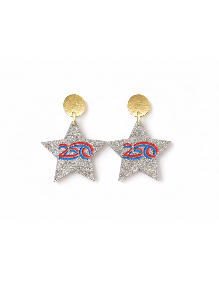 Star-shaped earrings with glittery finish and '250' design on a white background
