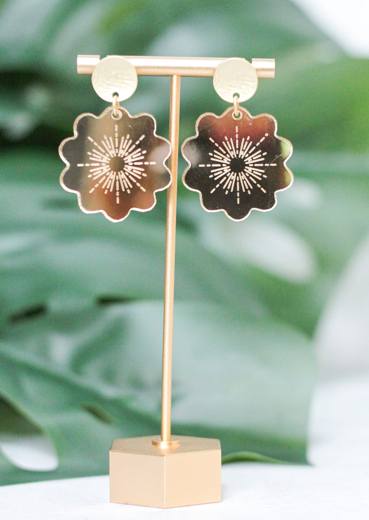 gold mirrored flower sunburst earrings