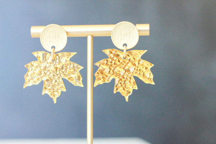 Textured Gold Maple Leaf Earrings