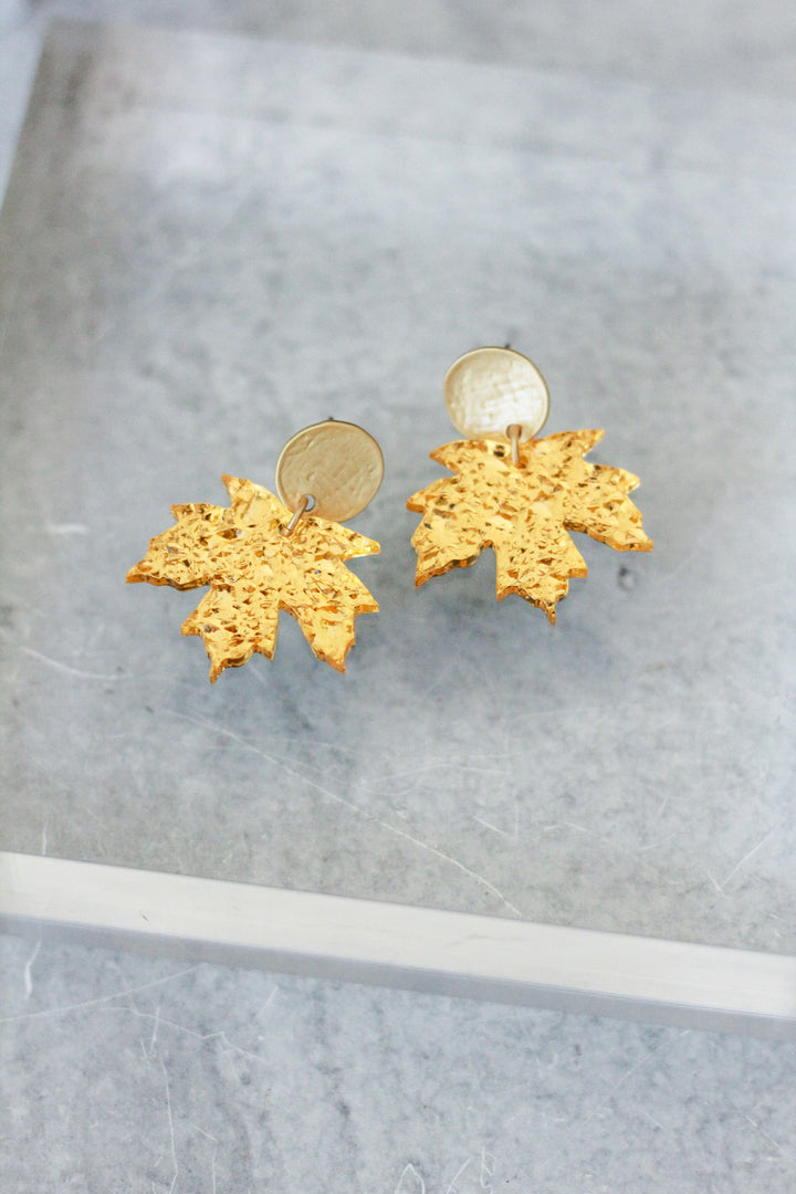 Textured Gold Maple Leaf Earrings