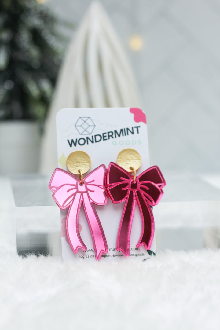 Pink Mirrored Acrylic Bow Earrings