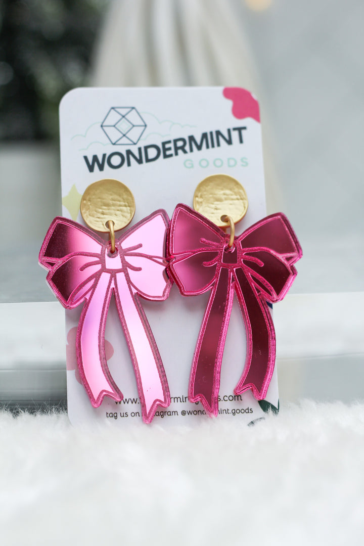 Pink Mirrored Acrylic Bow Earrings