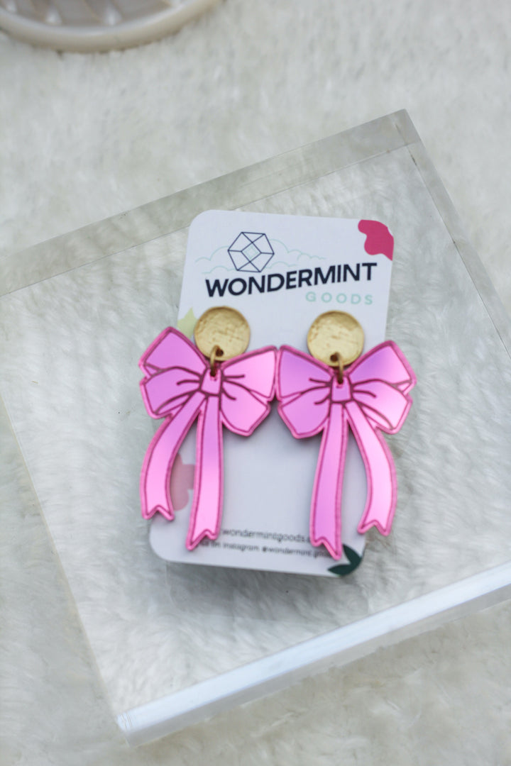 Pink Mirrored Acrylic Bow Earrings