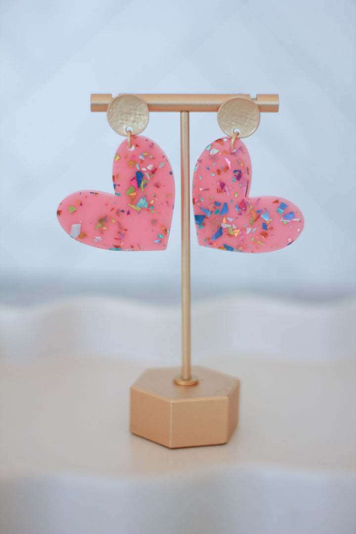 Pink Confetti Flake Heart Earrings