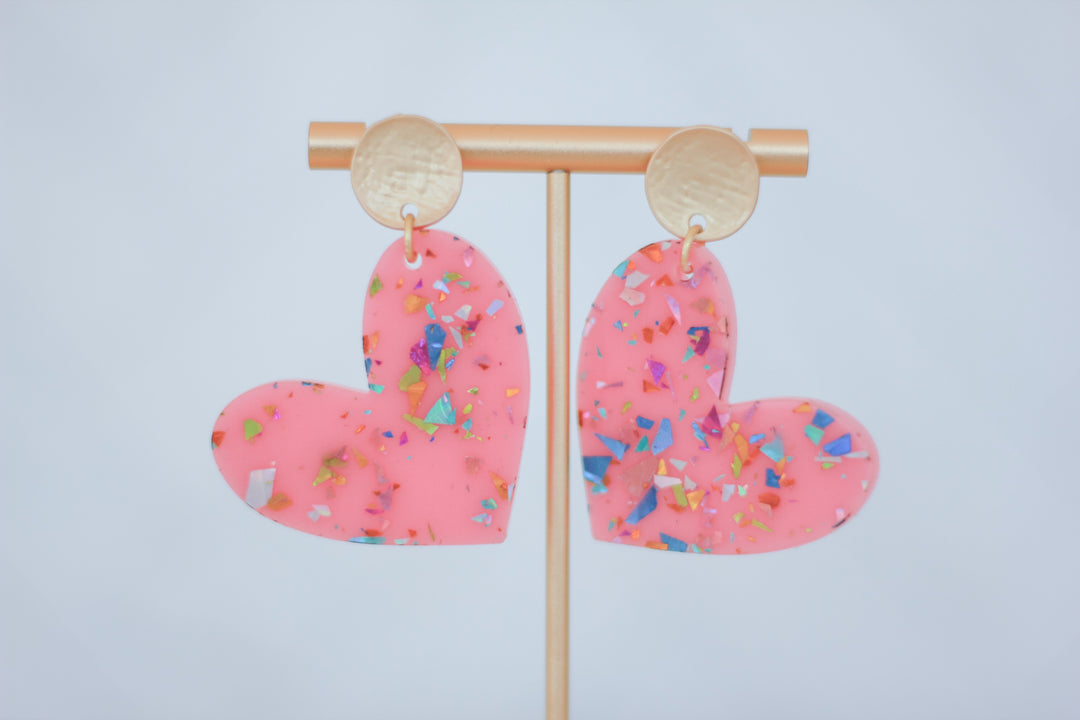 Pink Confetti Flake Heart Earrings