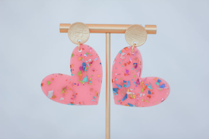 Pink Confetti Flake Heart Earrings