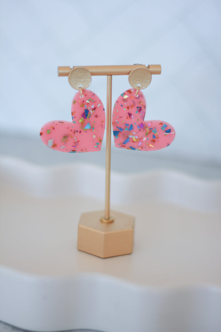 Pink Confetti Flake Heart Earrings
