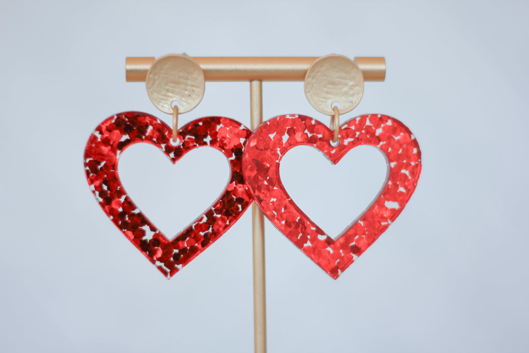 Red Confetti Glitter Heart Earrings