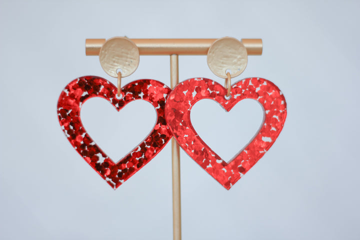 Red Confetti Glitter Heart Earrings
