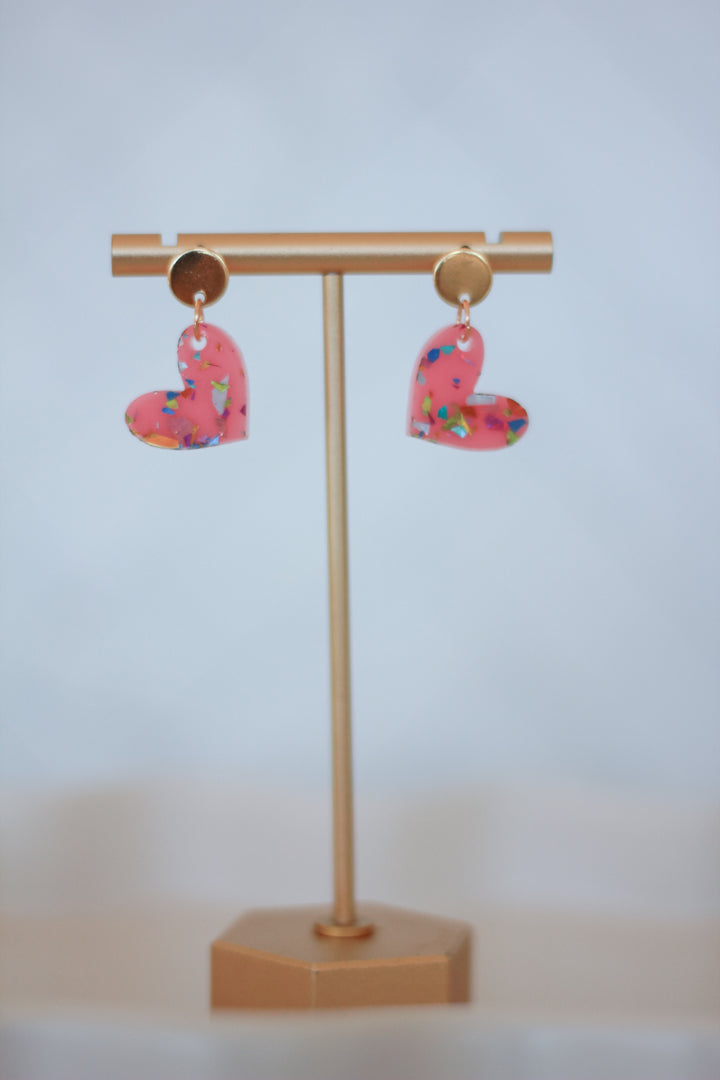 Mini Pink Confetti Flake Heart Earrings