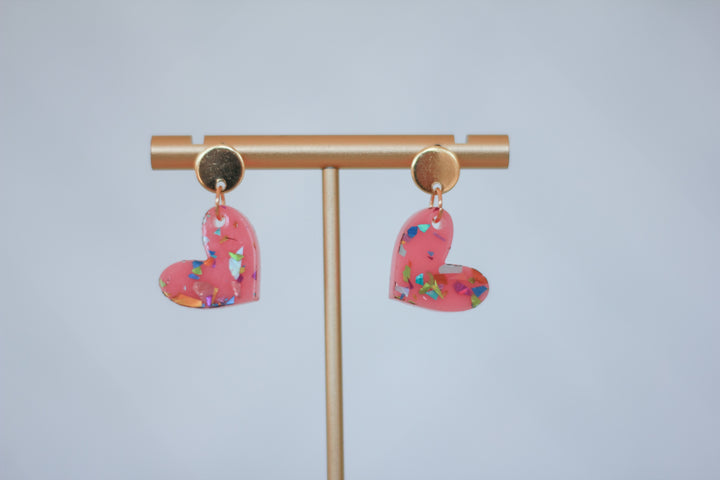 Mini Pink Confetti Flake Heart Earrings