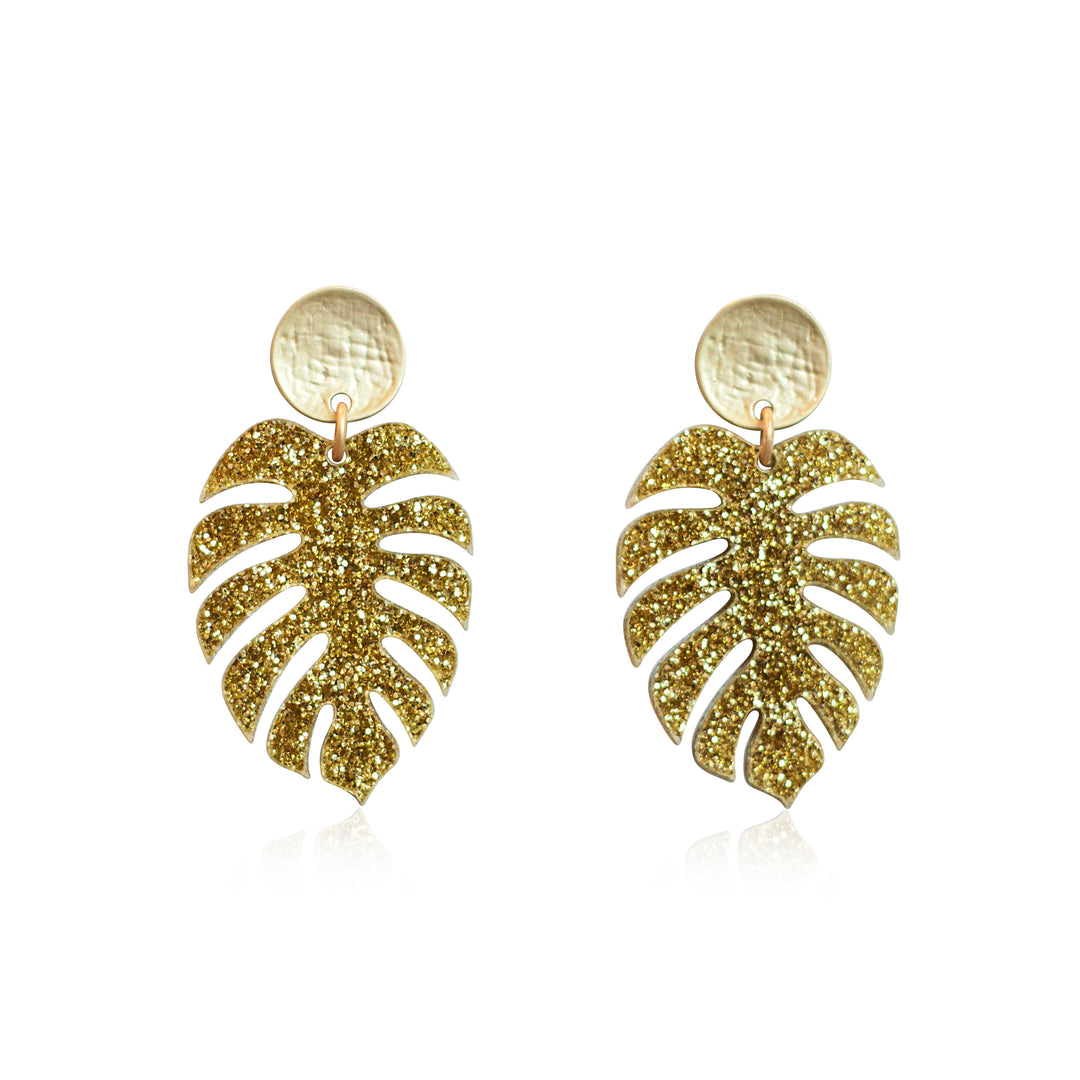 monstera leaf earrings Monstera Leaf Acrylic Earrings Gold Glitter