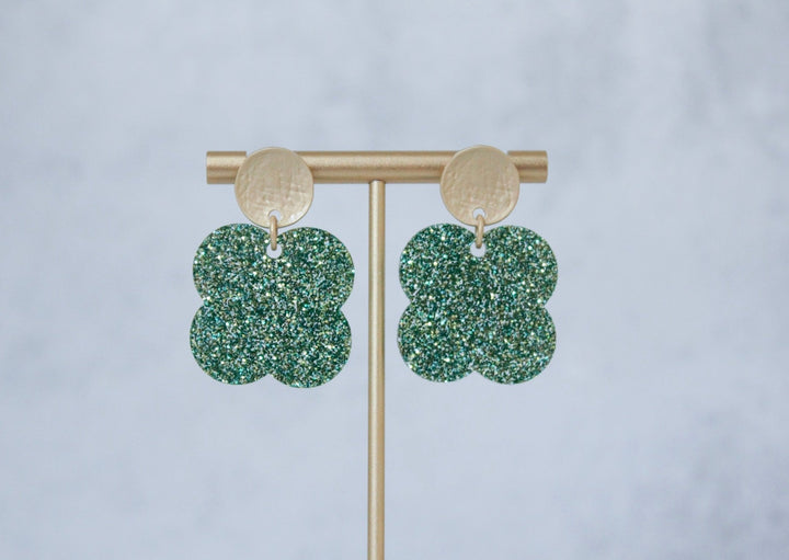 Large Clover Earrings - Green Glitter