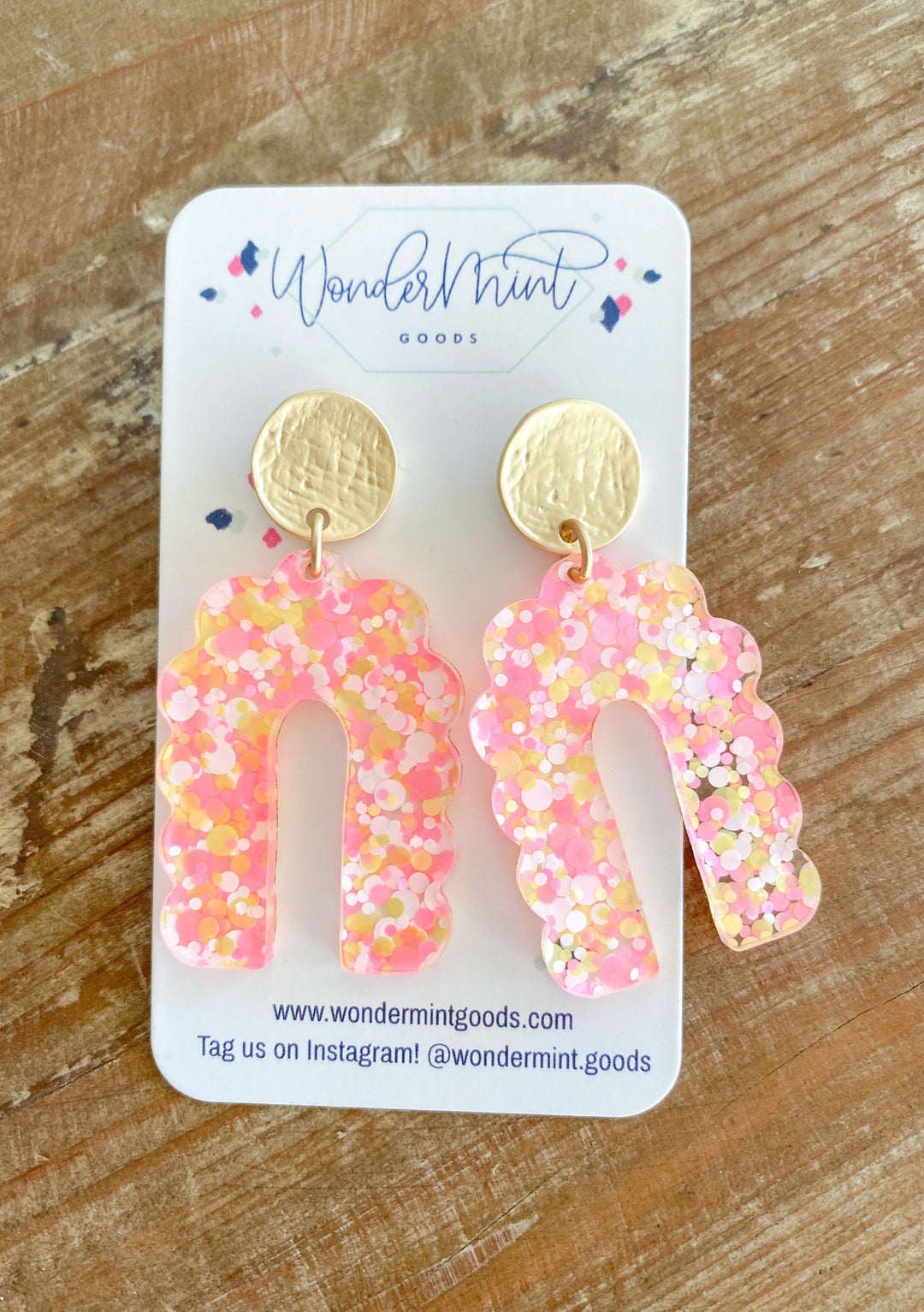 pink and yellow confetti dot scalloped arch earrings