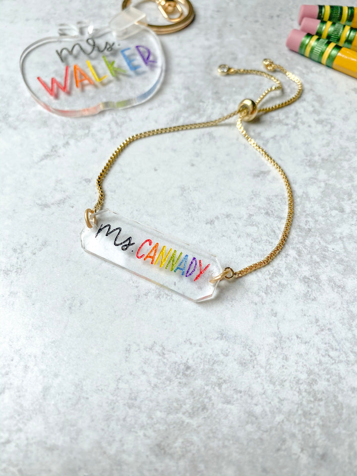 Teacher Name Acrylic Bar Chain Bracelet - Rainbow Lettering