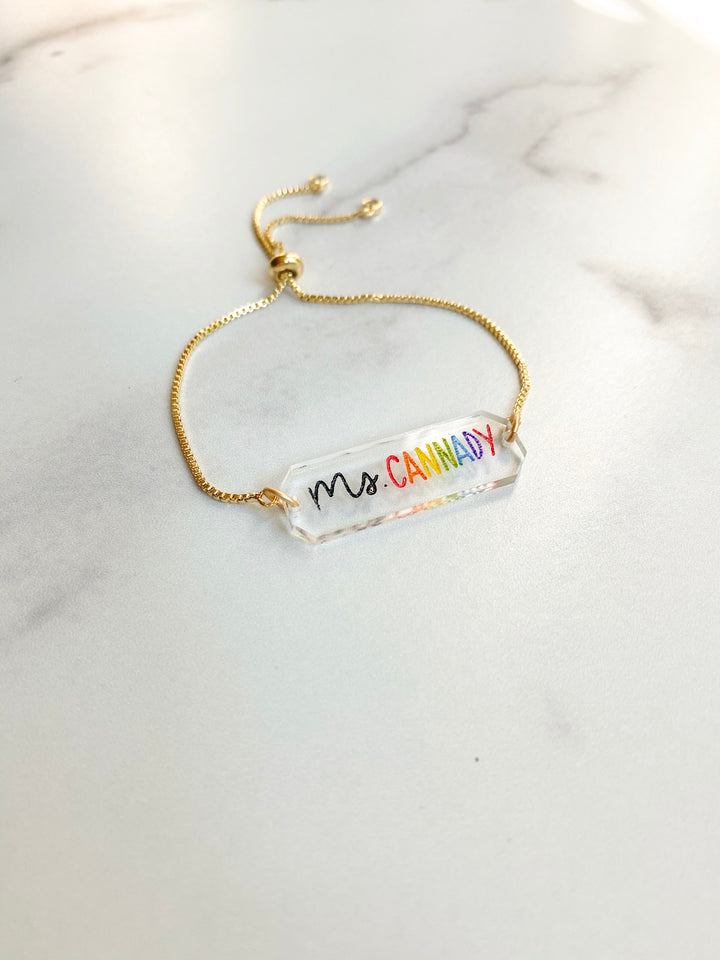 Teacher Name Acrylic Bar Chain Bracelet - Rainbow Lettering
